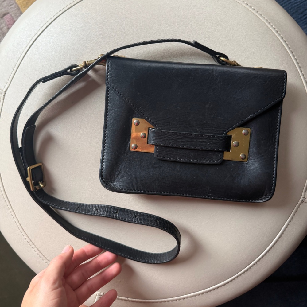 Sophie Hulme Mini Milner Black Leather Crossbody Bag with Gold Hardware